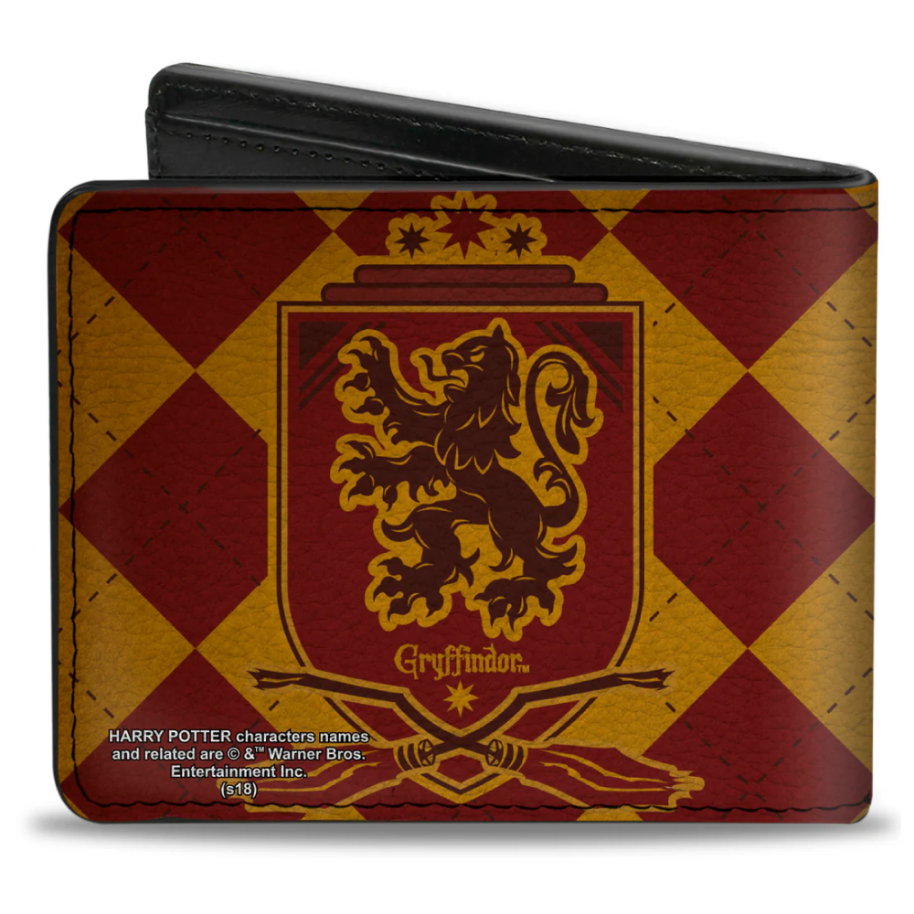 Bi-Fold Wallet - Harry Potter GRYFFINDOR Shield Brooms Argyle Gold Burgundy Reds