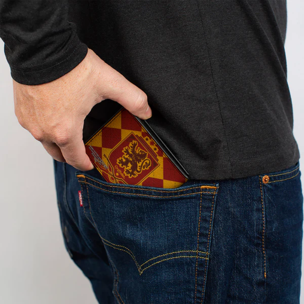 Bi-Fold Wallet - Harry Potter GRYFFINDOR Shield Brooms Argyle Gold Burgundy Reds