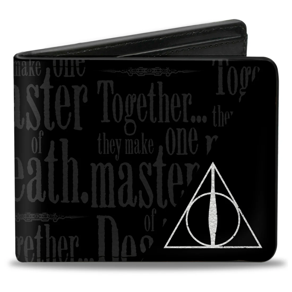 Bi-Fold Wallet - TOGETHER...THEY MAKE ONE MASTER OF DEATH. Deathly Hallows Symbol + HP Logo Black Grays White