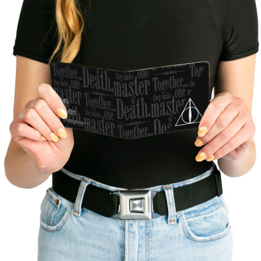 Bi-Fold Wallet - TOGETHER...THEY MAKE ONE MASTER OF DEATH. Deathly Hallows Symbol + HP Logo Black Grays White