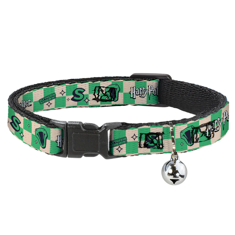 Breakaway Cat Collar with Bell - Harry Potter Slytherin Icons Checker Cream/Mint