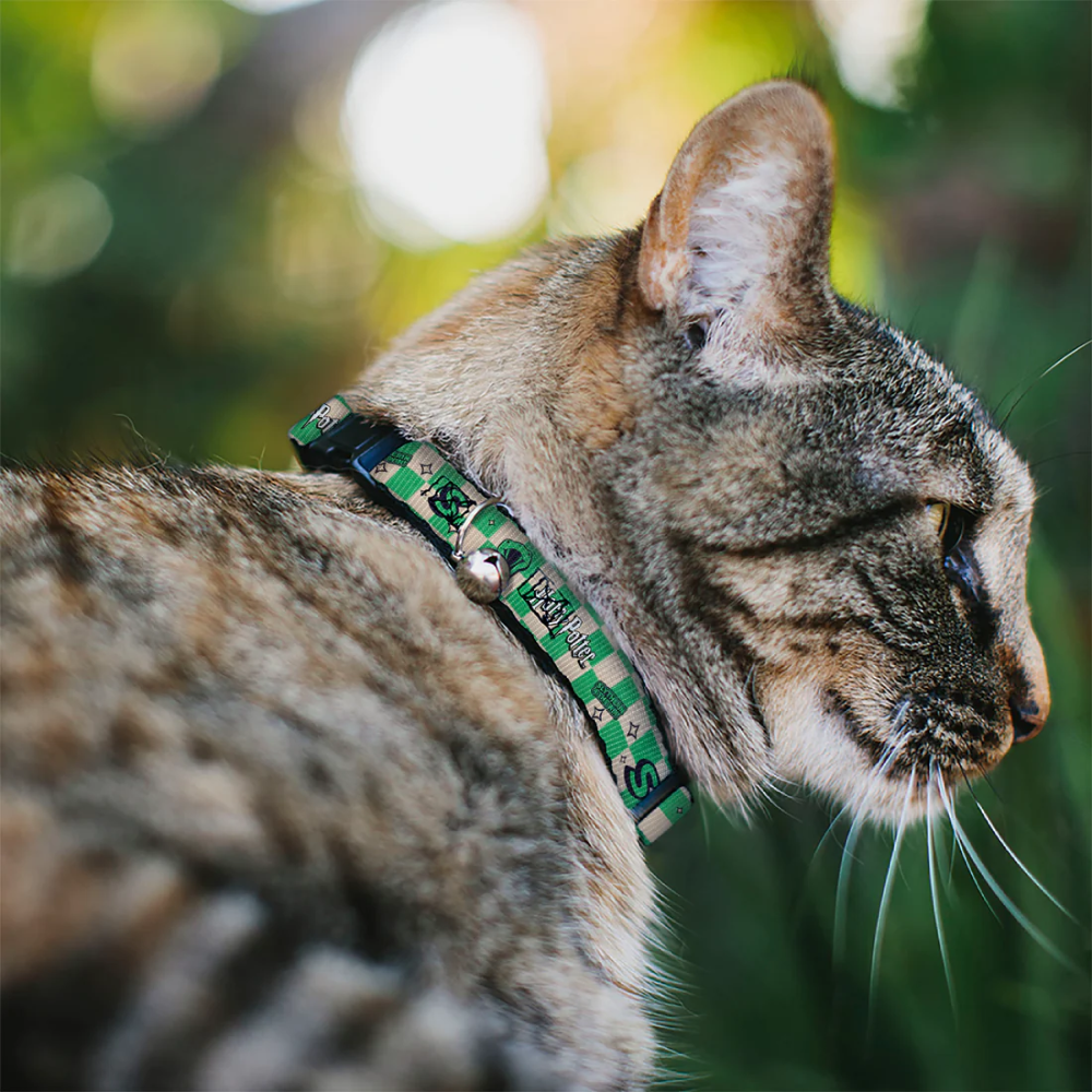 Breakaway Cat Collar with Bell - Harry Potter Slytherin Icons Checker Cream/Mint