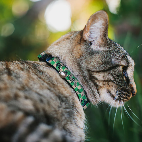 Breakaway Cat Collar with Bell - Harry Potter Slytherin Icons Checker Cream/Mint