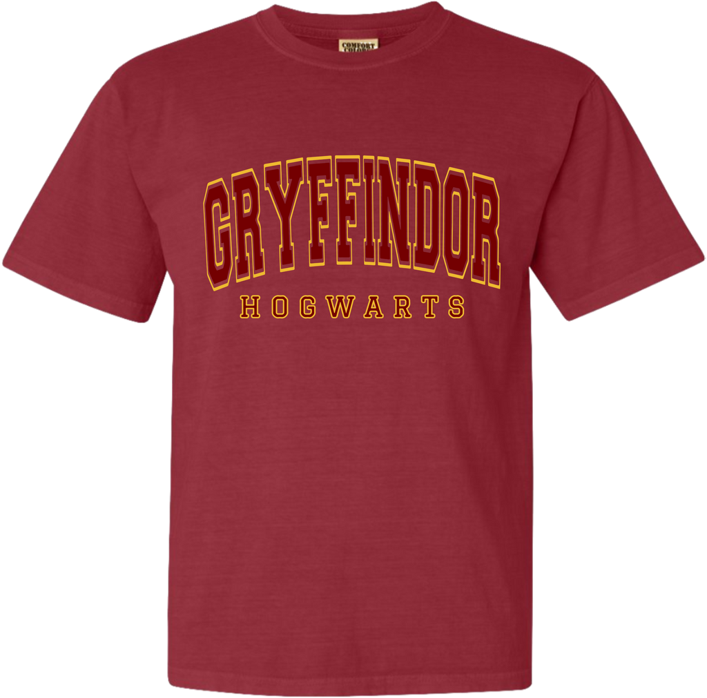 Red t-shirt with 'Gryffindor Hogwarts' text on a white background