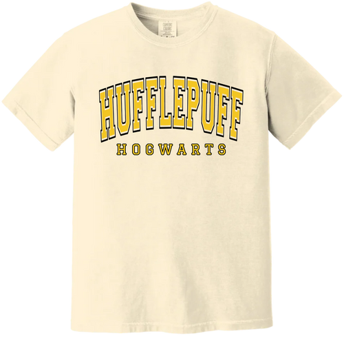 Beige t-shirt with 'Hufflepuff Hogwarts' text in yellow and black on a white background