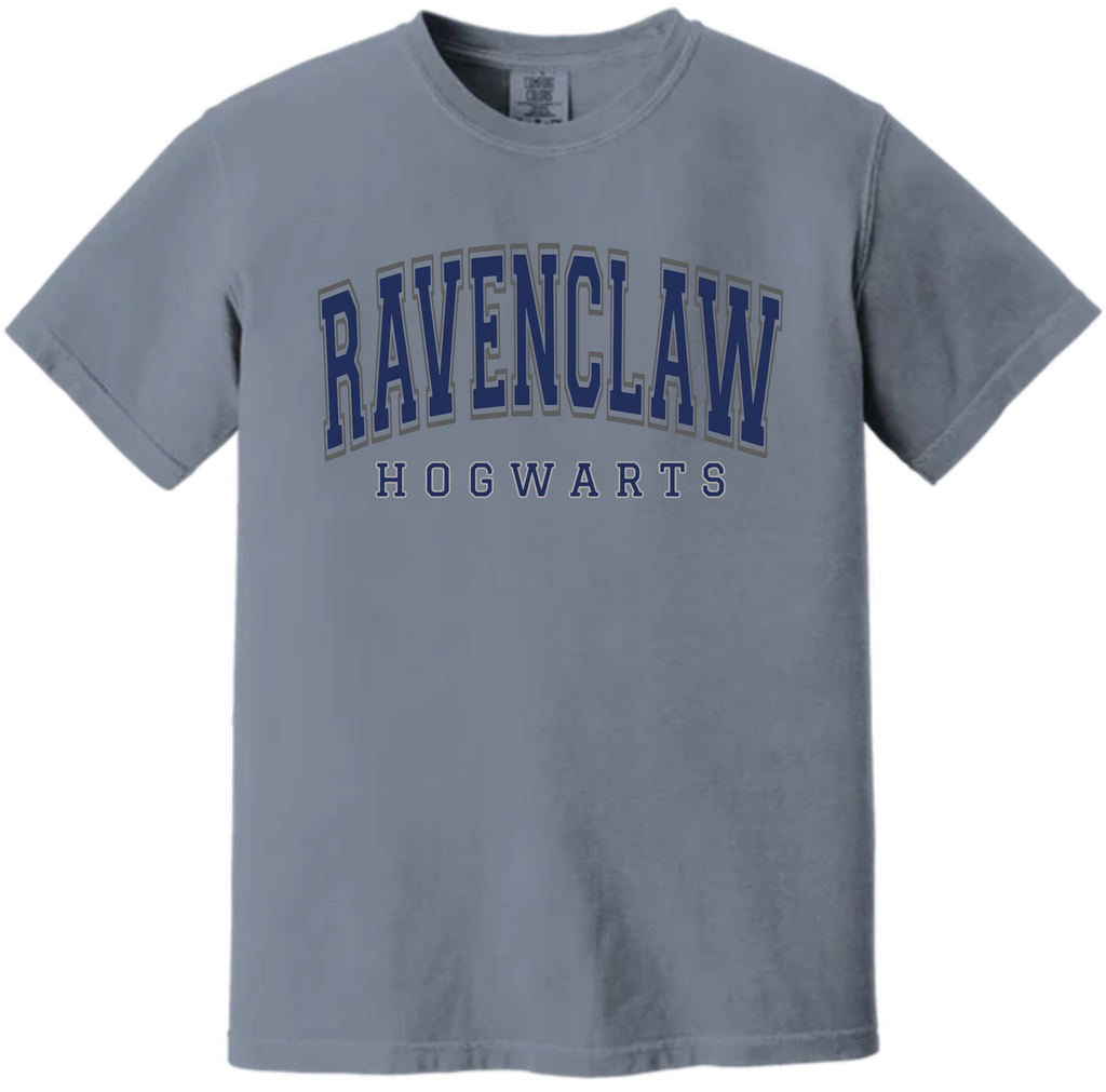 Gray t-shirt with 'Ravenclaw Hogwarts' text on a white background