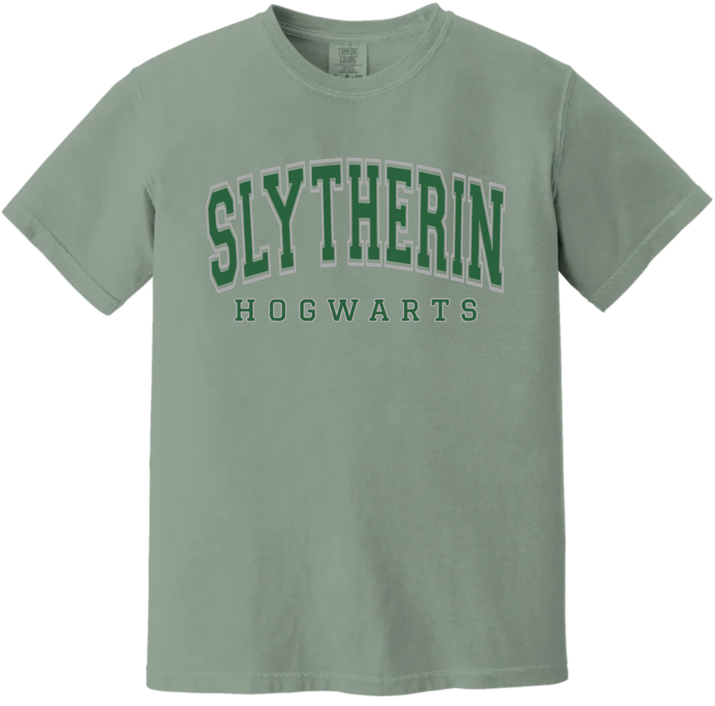 Green t-shirt with 'Slytherin Hogwarts' text on a white background