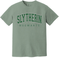 Green t-shirt with 'Slytherin Hogwarts' text on a white background