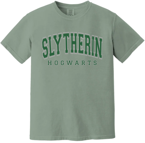 Green t-shirt with 'Slytherin Hogwarts' text on a white background