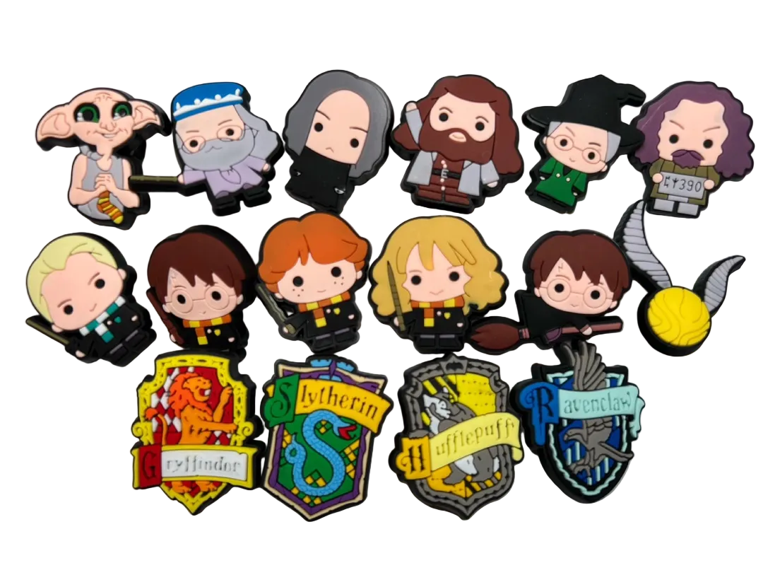 Collection of Harry Potter-themed pins and badges on a white background