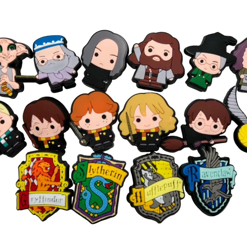 Collection of Harry Potter-themed pins and badges on a white background