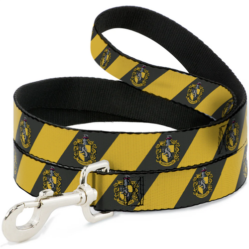 Dog Leash - HUFFLEPUFF Crest Diagonal Stripe Charcoal Gray/Yellow