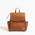 Brown leather backpack with visible brand logo on a white background