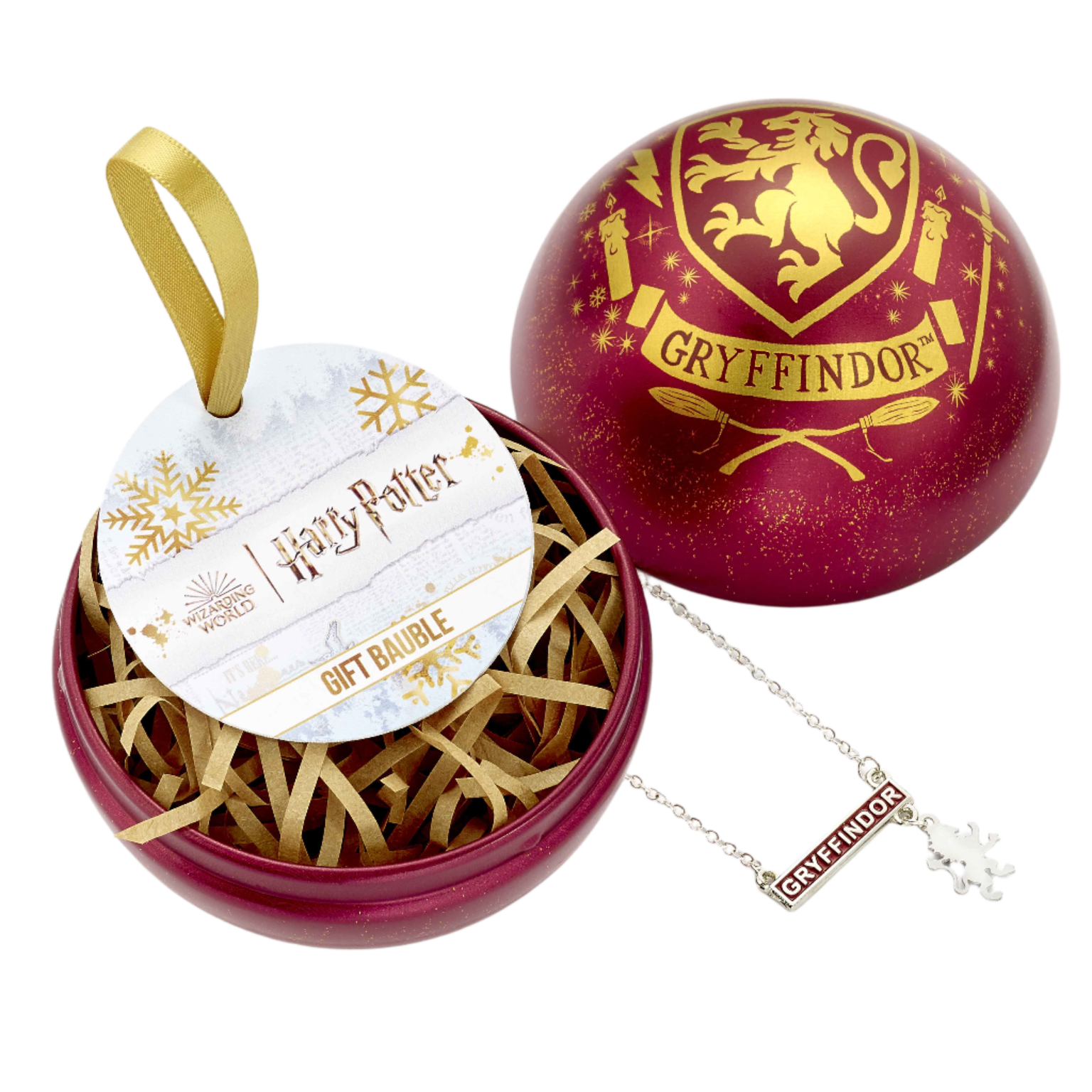Gryffindor-themed gift set with necklace and bauble