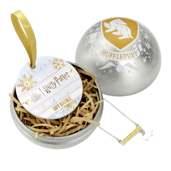Hufflepuff-themed ornament with gold ribbon and necklace in a gift bauble