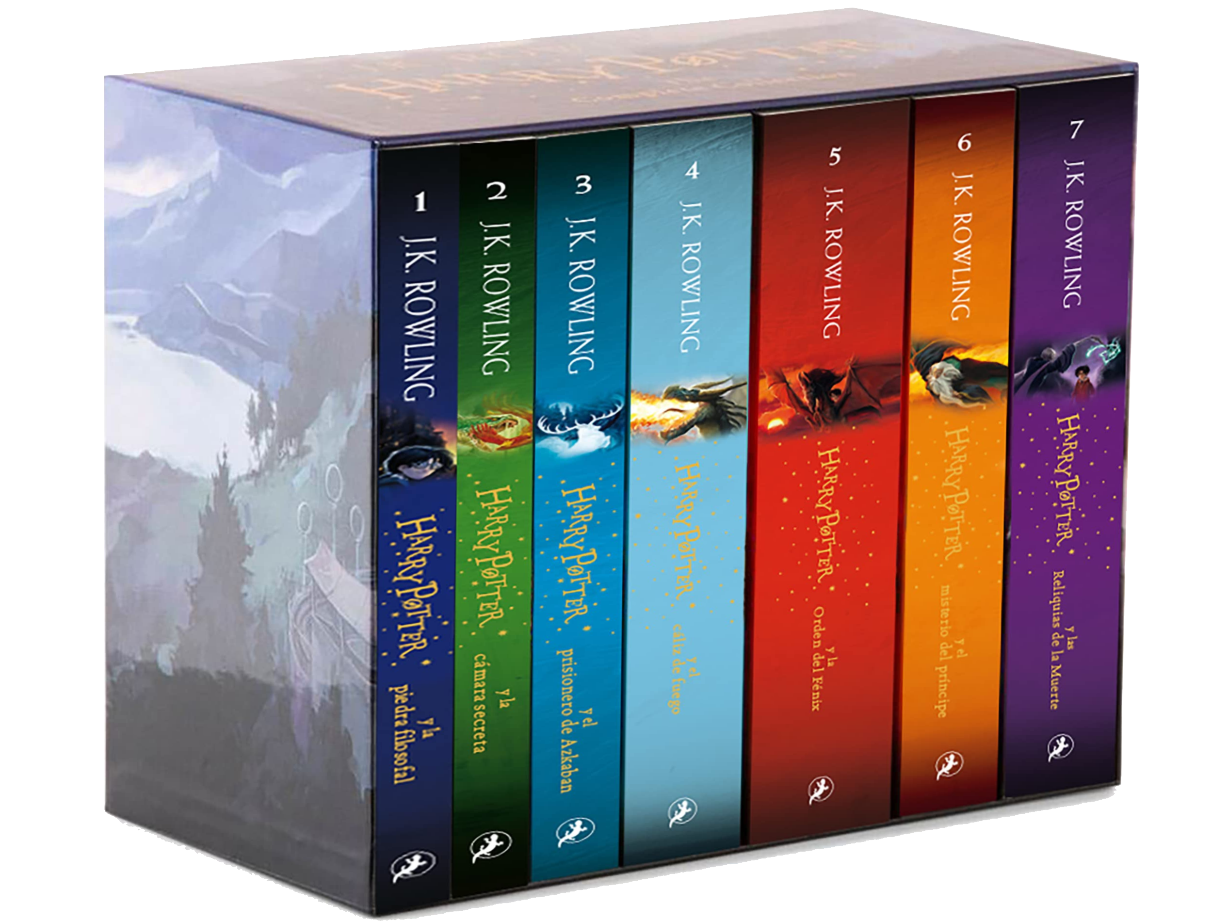 Box set of Harry Potter books with colorful covers on a white background