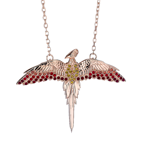 Rose gold necklace with a parrot-shaped pendant on a white background