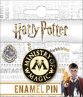 Harry Potter enamel pin with Ministry of Magic logo on a branded background