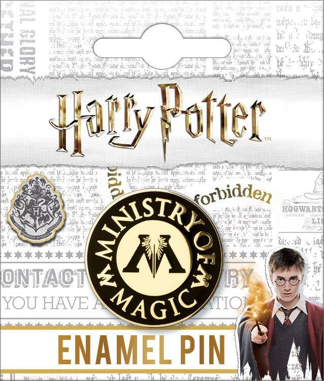 Harry Potter enamel pin with Ministry of Magic logo on a branded background