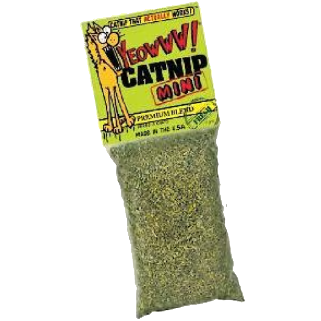 Bag of catnip with a yellow label featuring a cartoon cat on a white background